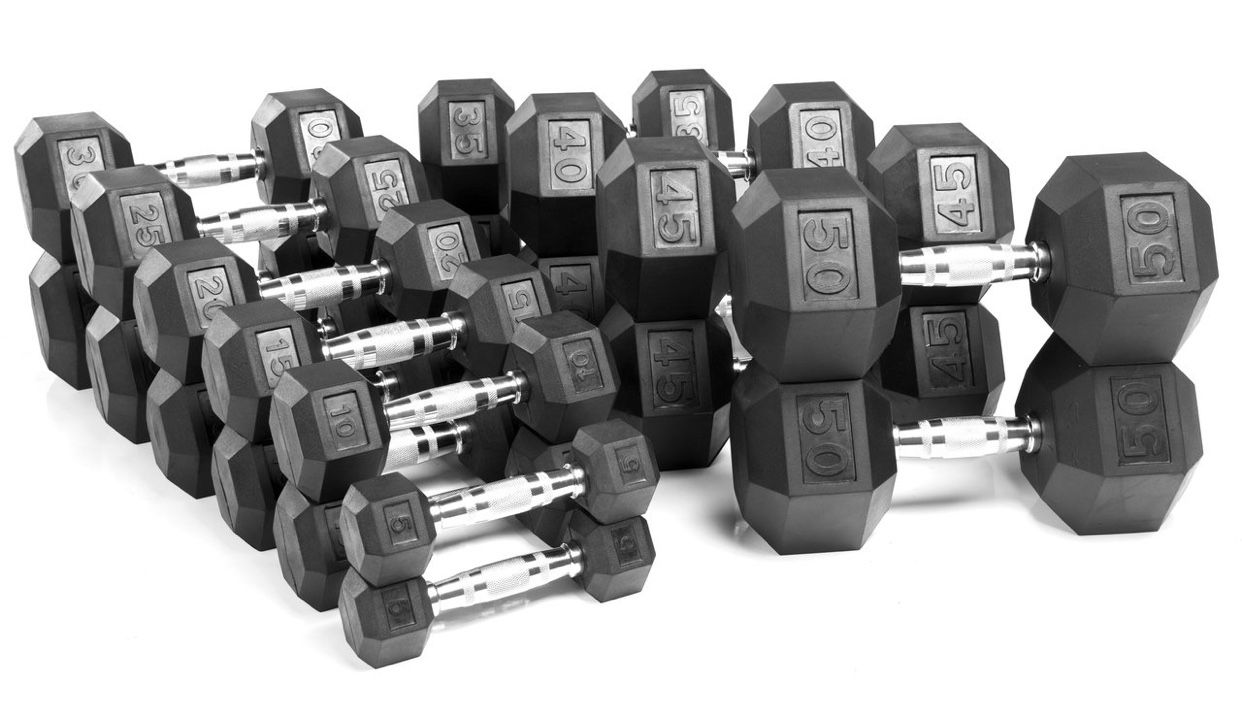 Brand New Rubber Hex Dumbbell Set 10-60 Pounds