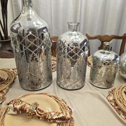 Mercury Glass Bottle Vase Set 4 Pieces 