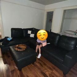 L Sectional Black Leather Couch 