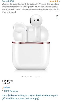 Wireless Earbuds Bluetooth Earbuds with Wireless Charging Case Bluetooth Headphones Waterproof IPX5 Noise Cancelling Long Battery Touch Control Deep B