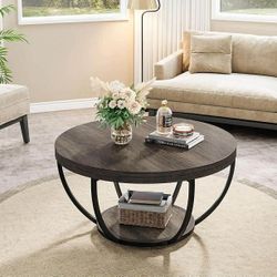 Round Coffee Table, 31.7" Wooden 2-Tier Circle Coffee Table with Storage Shelves, Modern Accent Cocktail Table Center Table for Living Room, Grey