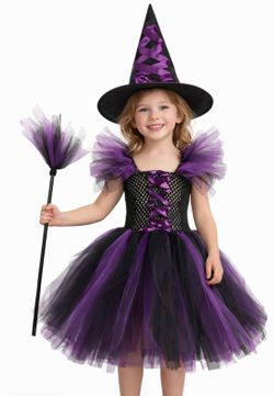Girls Purple & Black Witch Tutu Dress Costume Set with Hat and Broom 6-7