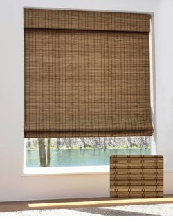 UNISHADES Bamboo Roman Shades w/Valance, 29.5" W × 64" H, Highfield Teak Cordless bamboo blinds for interior windows, High Level of Privacy Protectio