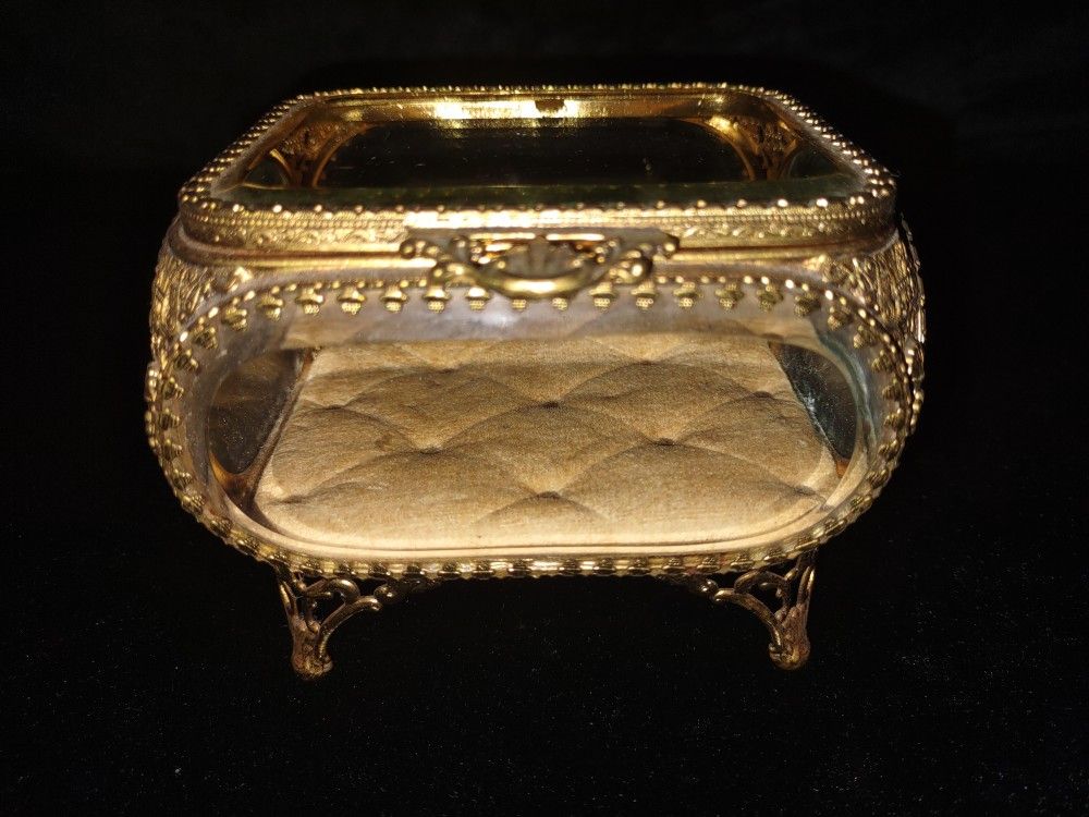 Antique French Gilt Brass And Cut Glass Souvenir Jewellery Casket, 19th Century