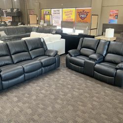 Black Leather Reclining Sofa Set 