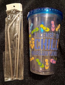 License to Chill Margaritaville tumbler with colorful flip-flop graphics #margaritaville #tiki and metal reusable straw kit with 2 reusable straws, on