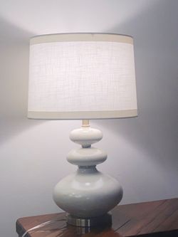 Modern Farmhouse Table Lamp with a Stacked Sphere Ceramic Base and White Linen Shade H24"