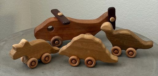 Handmade Wooden Toy Set - Helicopter & 3 Dinosaurs - Natural Wood