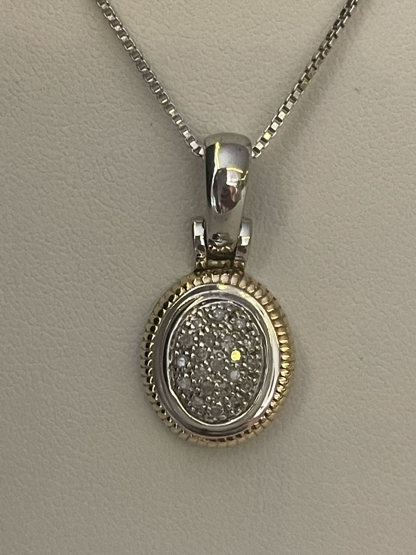 Sterling Silver & 14k Yellow Gold ~1/10CTW Diamond Pendant & Box Necklace Chain