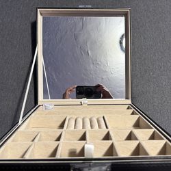 Black Leather Jewelry Box with Mirror & Bottom Storage