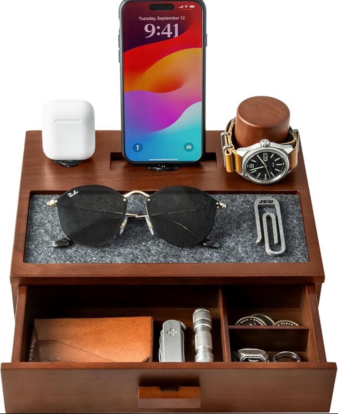 Holme & Hadfield Premium Wooden Phone Docking Station with Drawer – Nightstand Organizer for Charging Phone & Earbuds – Declutter Your Space with Felt