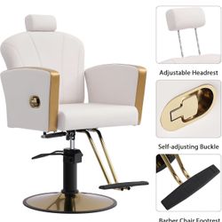Barber Chair for Hair Stylist, Reclining Salon Chair, 360 Degree Swivel Barber Chair, Adjustable Hair Chair for Barbershop (White-Gold)