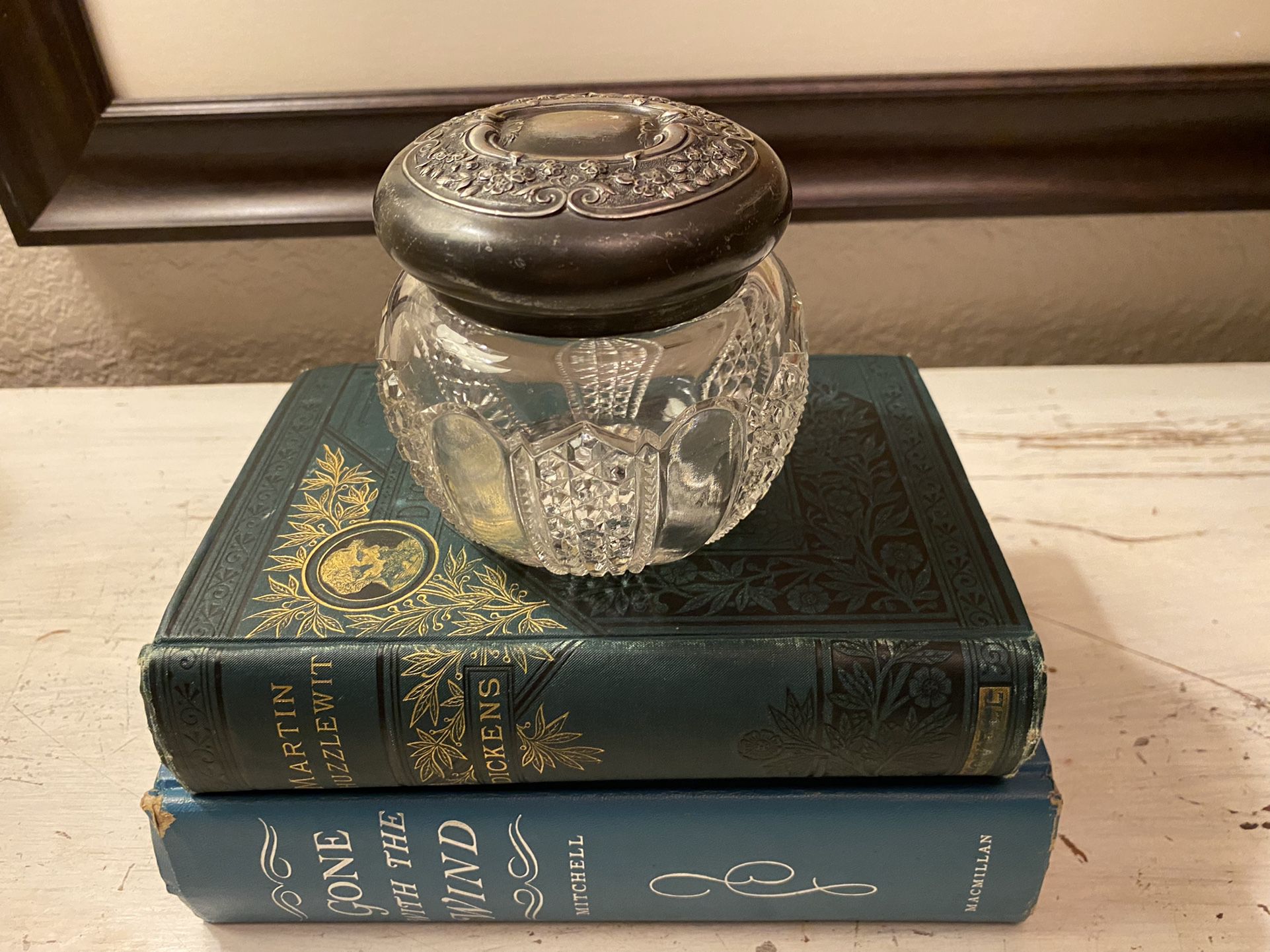 Antique Glass Dresser Jar with Silver plate Lid