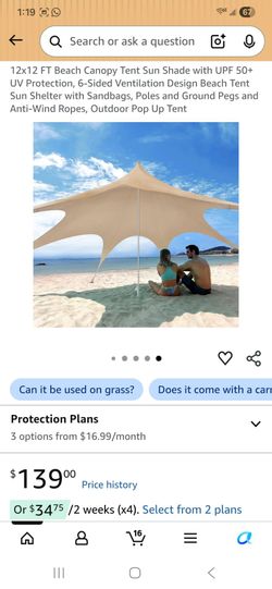 12x12 FT Beach Canopy Tent Sun Shade with UPF 50+ UV Protection, 6-Sided Ventilation Design Beach Tent Sun Shelter with Sandbags, Poles and Ground Peg