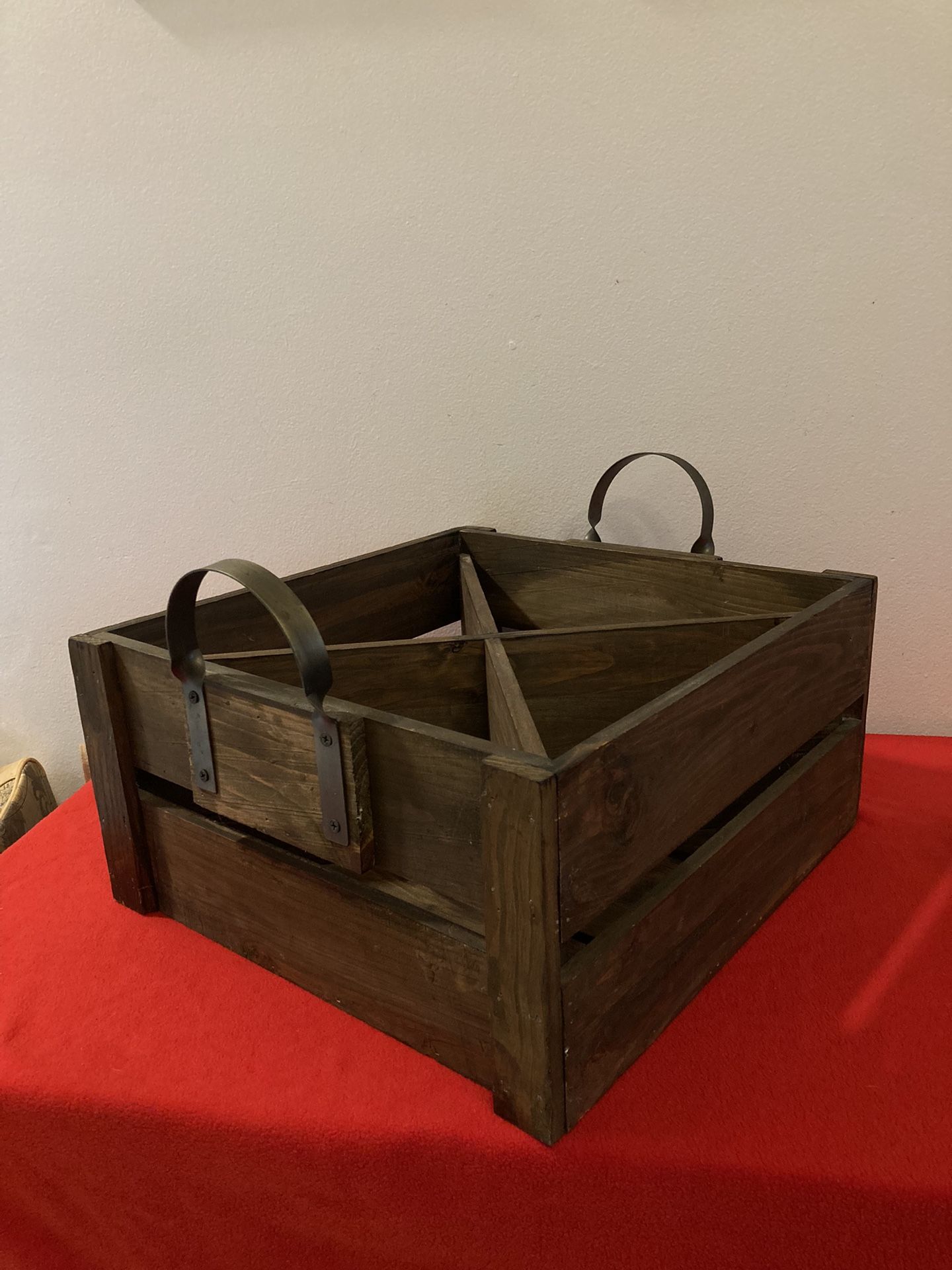 Wooden Wine Storage Box w/ Divider & Metal Handles 17” x 16” x 8 1/2” Wood Crate