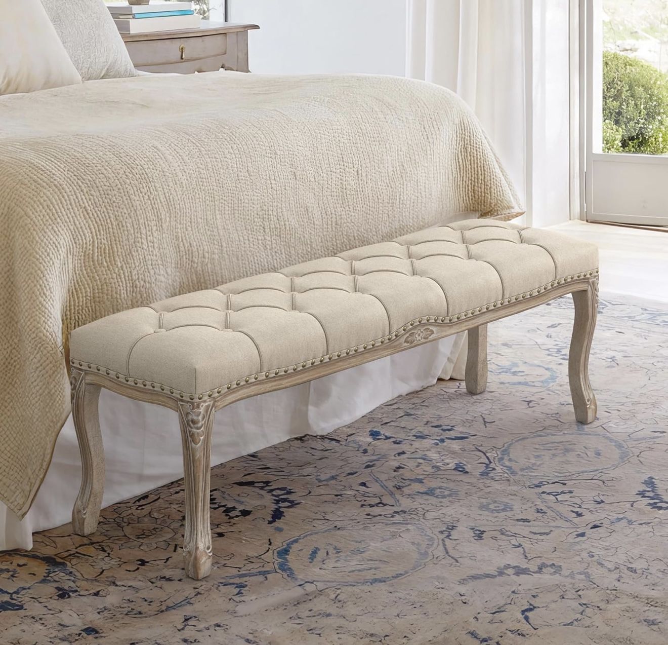 52.5" Carving Upholstered End of Bed Bench. Linen Color