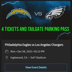 NFL Los Angeles Chargers Vs Philadelphia Eagles Monday Night Game December 8th 2025 4 Tickets And Tailgate Pink Lot Parking Pass