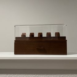 Wood Military Coin & Badge Display Case w/ Acrylic Cover + Drawer – 5 Slot Holder