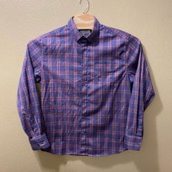 Men’s Large L-XL Twillory Untuck(able) Blue Pink Plaid Long Sleeve Dress Shirt