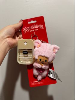 Monchhichi pink keychain and hand sanitizer💗