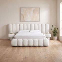 Ivory Boucle fabric bed frame fully slated mattress ready End Tables NOT included brand new in box firm price Queen $949 King $1,049