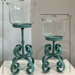 Pair of Freshly Painted Coastal Sage Metal with Glass Globe Candleholders 