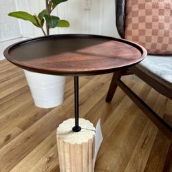 Round Side Table with Brown Top and Travertine Base 