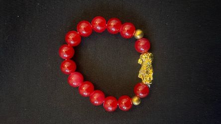 Red Bead Bracelet with Gold Pixiu Charm