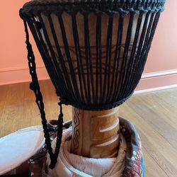 Hand Carved African Drum With Carrying Case