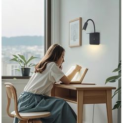 LED Reading Wall Lamp with USB Charging Port,360° adjsuatble Gooseneck Headboard Wall Light,Black Modern Bedside Wall Sconce with Switch for Bedroom L