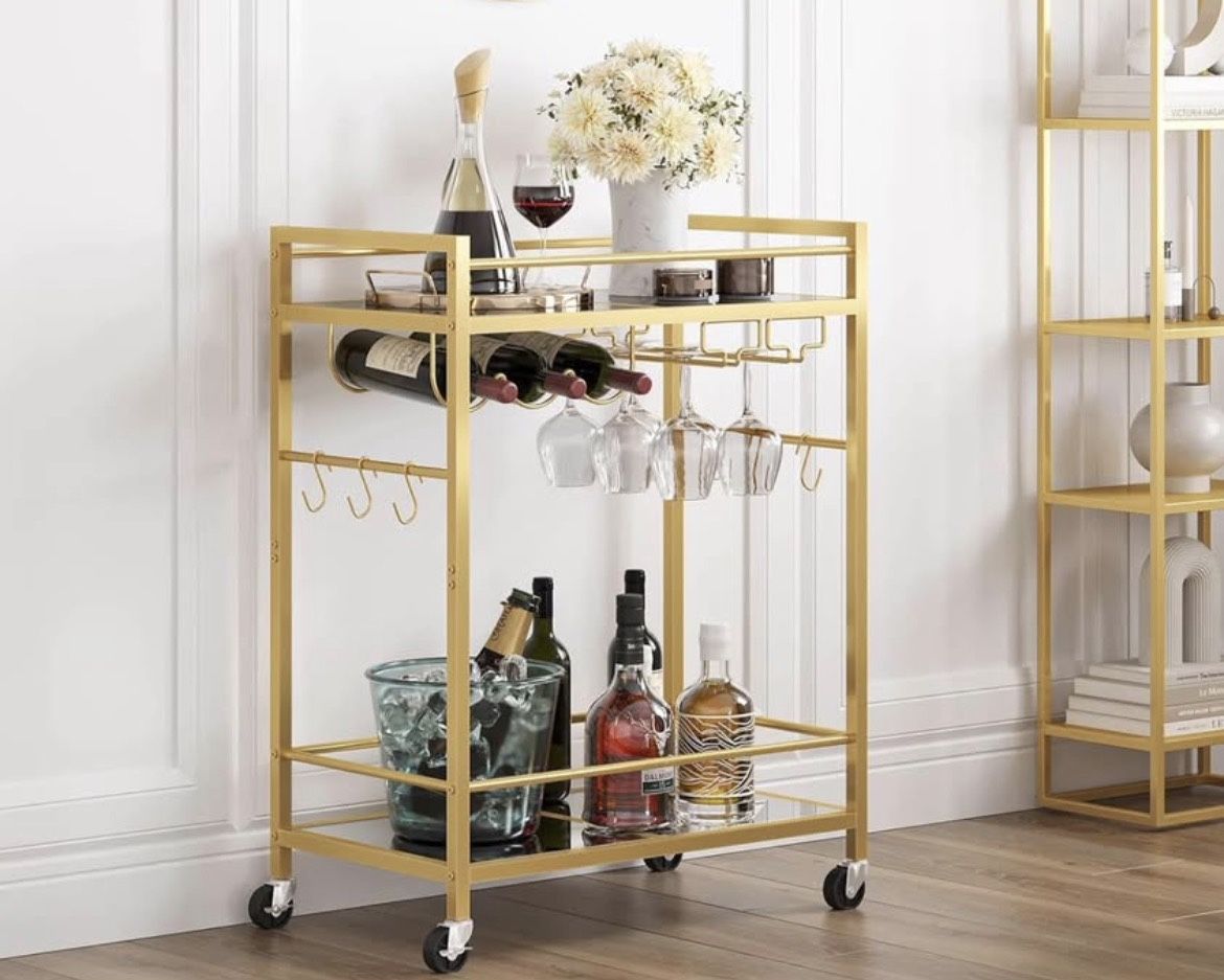 TUTOTAK Bar Cart, Serving Cart for Home, Drink Cart, Mobile Kitchen Shelf with Wine Rack