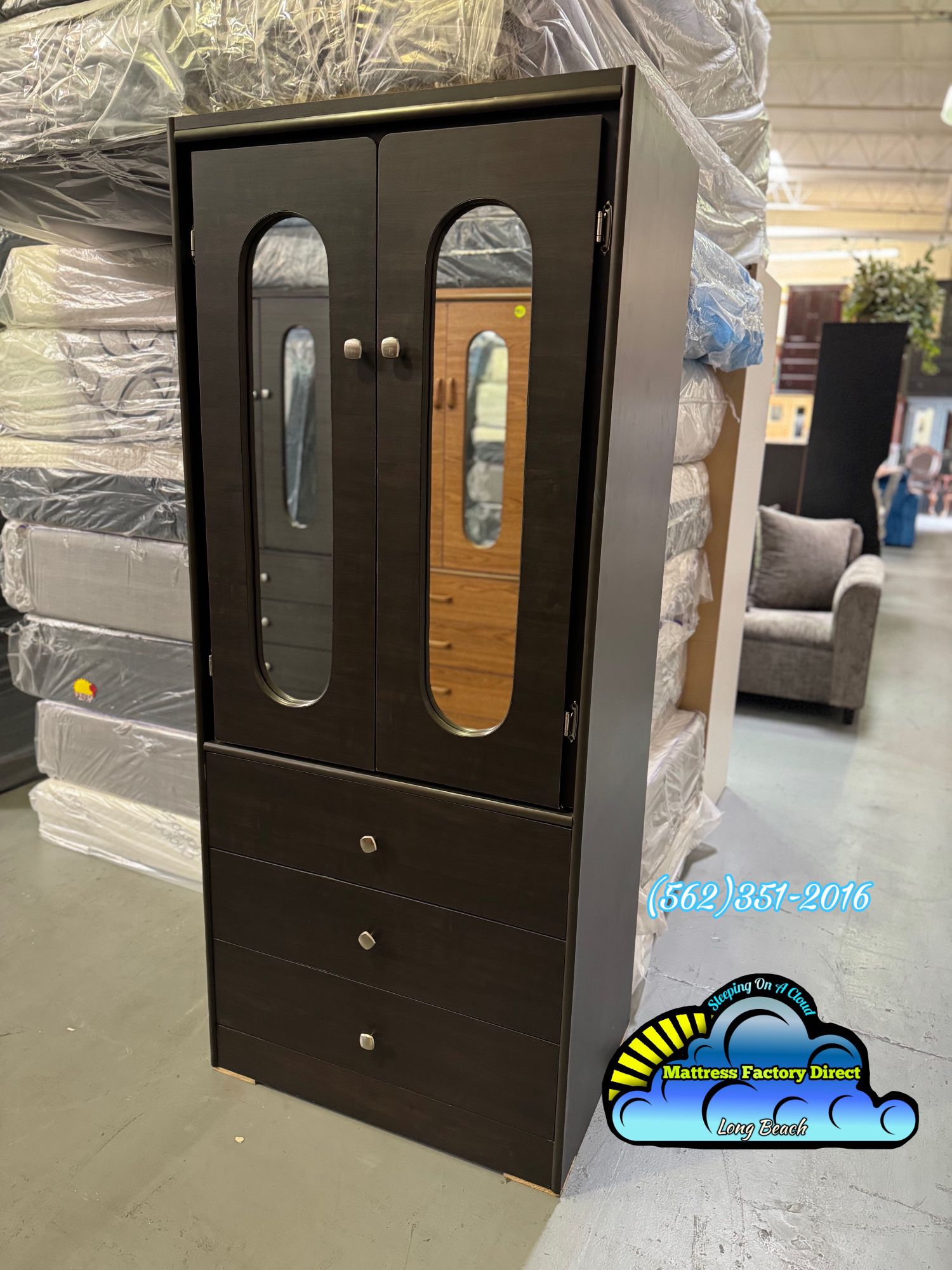 New Dark Brown Expresso Wood Tall Closet Wardrobe With Mirror And Three Drawers 