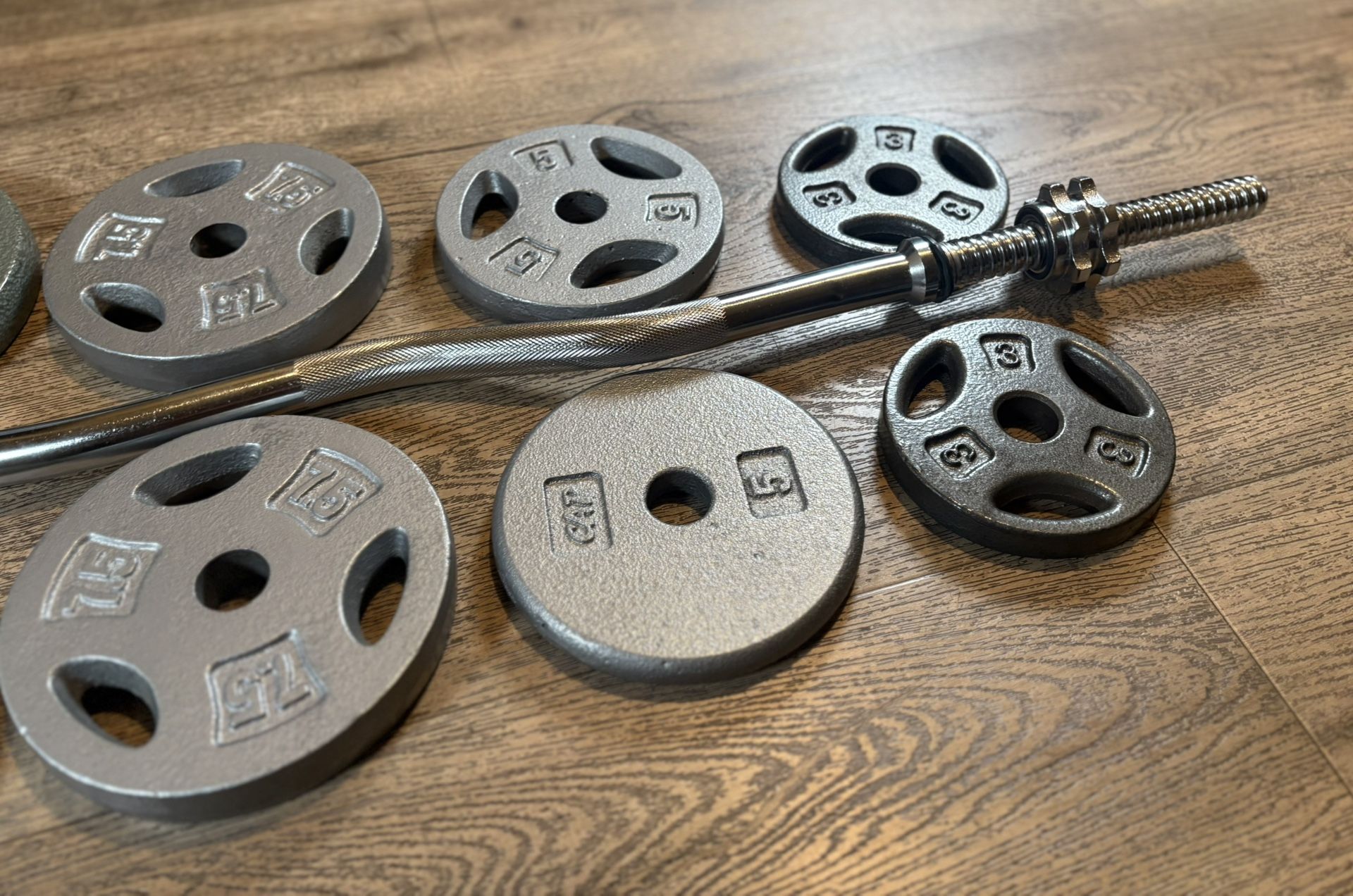 Standard NEW Curl Bar With CAP Cast Iron Plates Total: 117 lbs