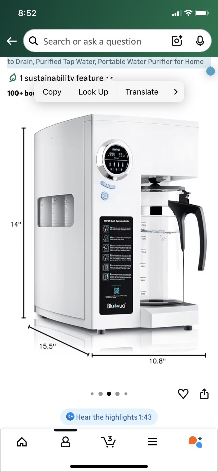 Bluevua RO100ROPOT Reverse Osmosis System Countertop Water Filter, 4 Stage Purification, Counter RO Filtration, 2:1 Pure to Drain, Purified Tap Water,