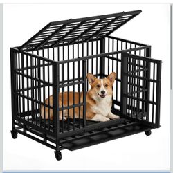 38 inch Heavy Duty Crates for Large Dog, Indestructible and Escape-Proof Cage Kennel with Lockable Wheels, Double Door High Anxiety with Removable Tra
