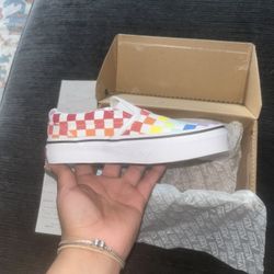Checkerboard Rainbow White slip on Size 12