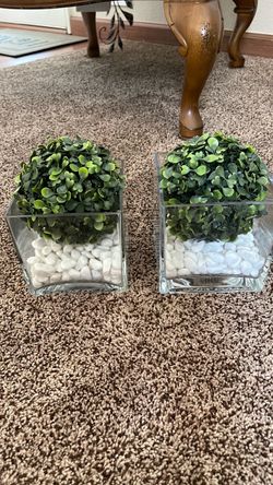 Faux Boxwood Ball Decor in Glass Vases – Set of 2
