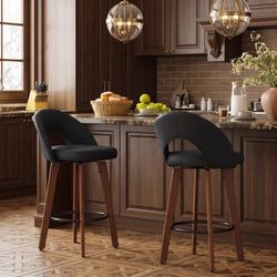 Set of 2 26'' Swivel Counter Bar Stools, Faux Leather Chairs with Cutout Back, Wood Legs