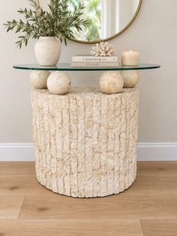 Vintage 1980s Postmodern Mactan Fossil Stone & Glass Console Table