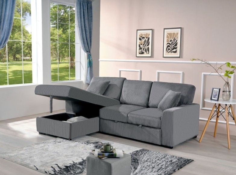 Dark Gray Fabric LHF Pull Out Sectional Sofa & Storage 