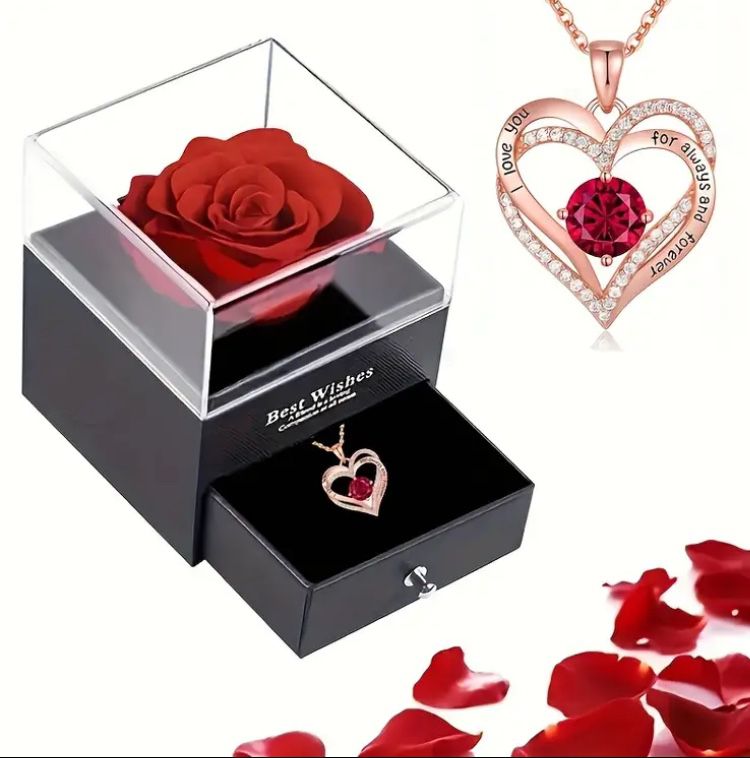 Luxury Red Zircon Pendant Necklaces With Rose Flower Gift Box For Girlfriend Women I Love You Gifts, Romantic Anniversary Party Birthday Wedding Gift 