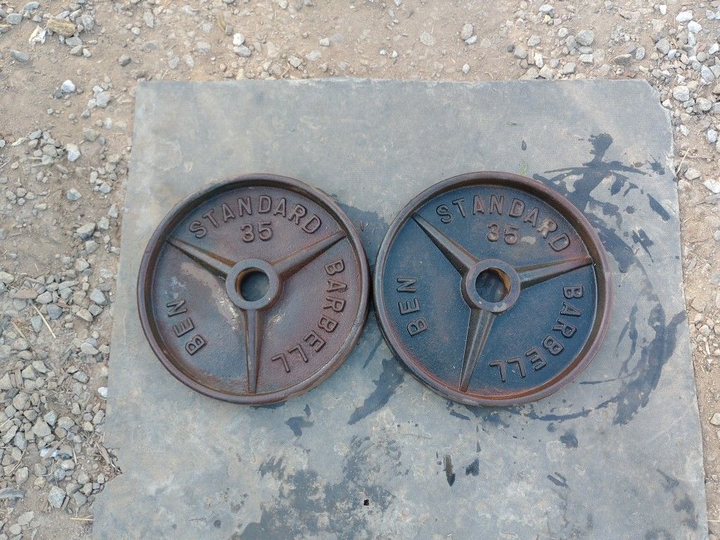 Vintage BEN Barbell Olympic TWO 35lb weight plates Deep Dish 70lb total