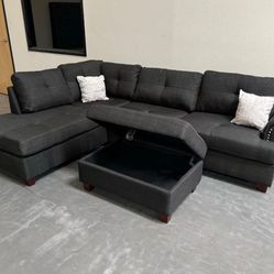 Black Sectional Sofa Couch With Storage  Ottoman