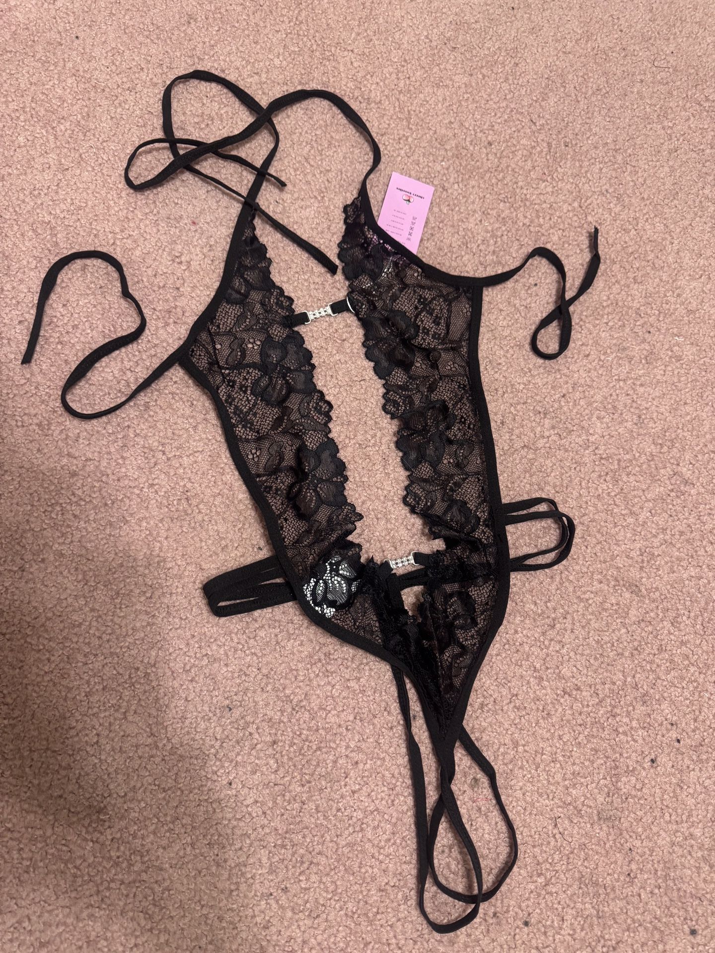 New Medium black lace bodysuit rhinestone lingerie outfit sheer