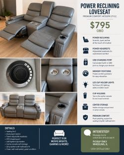 Power Reclining Leather Loveseat w/ USB Charging, Adjustable Headrests & Cup Holders