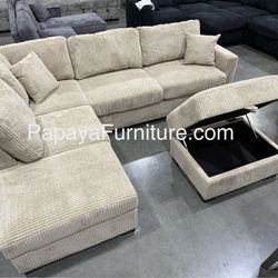 105”L Reversible chaise couch. New! Camel Plush Sectional And Storage Ottoman, Sectional Couch, Sofa, Reversible Sectional, Couch, Brown Sectional, Re