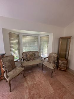 French Provincial Settee, Chair & Display Cabinet Set — 4 Pieces