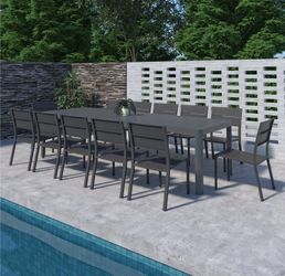 Brand New 11 Pieces Extandable Rectangular Grey Stackable Dining Set Made Of Die-cast Aluminum For Outdoor & Patio Furniture