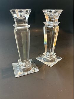 Art Deco Skyscraper Clear Glass Candlestick Holders Pair 6" Square Base Vintage