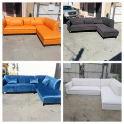New 9x7ft Sectional CHAISE. Orange Leather, WHITE LEATHER,Annapolis Granite, Jaguar  Blue FABRIC  Sofas  Chaise  2pc 